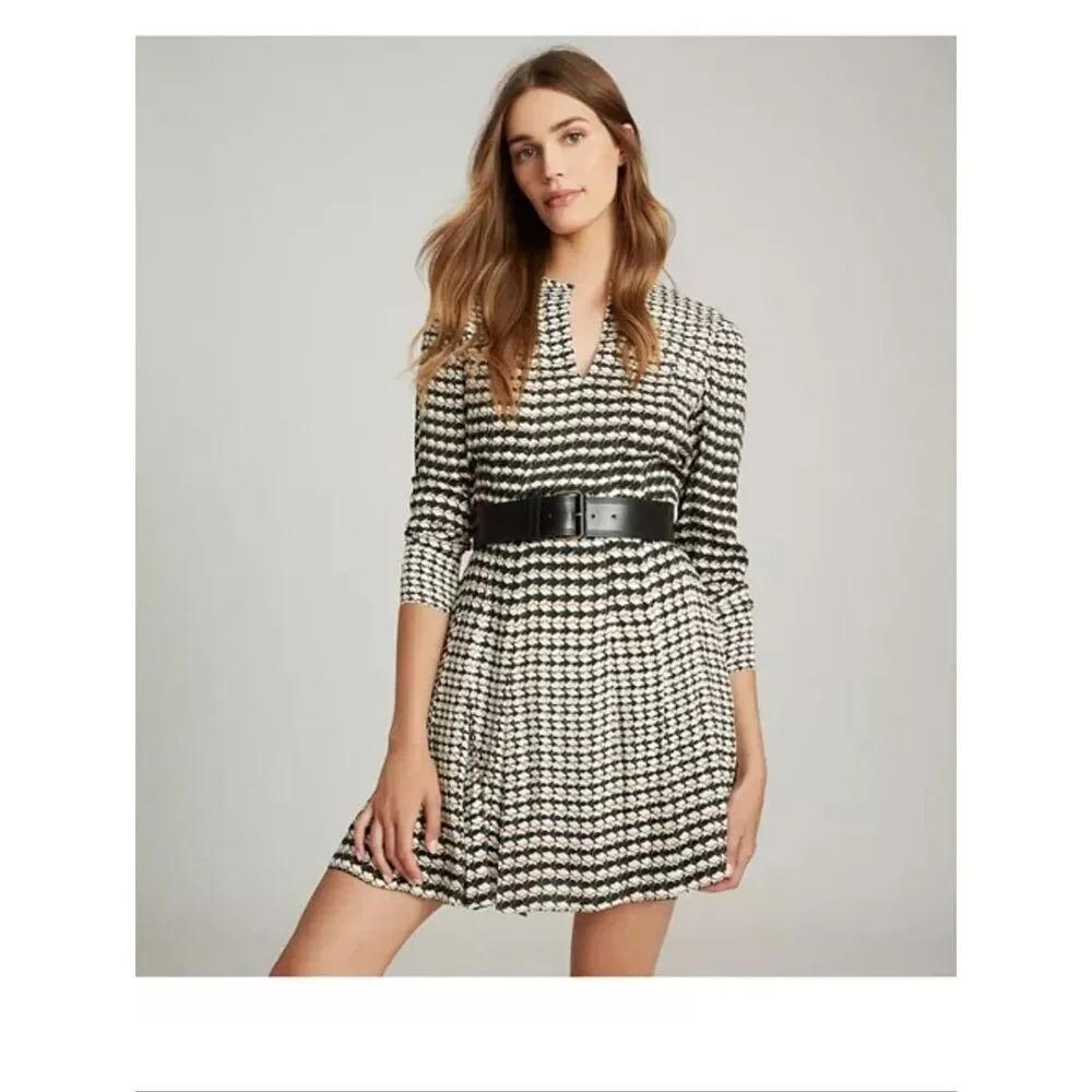 REISS Evie Geometric Print Pleated Mini Dress Black White Size 12
